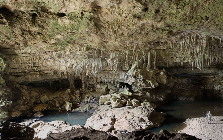 RioFrio_2147.jpg - Interior of Rio Frio cave.  Stuart is seen setting up on the sandbar at lower right.